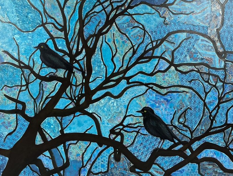 "Blackbirds in an Oak Tree II" 18x24" Mixed Media on Wood Canvas