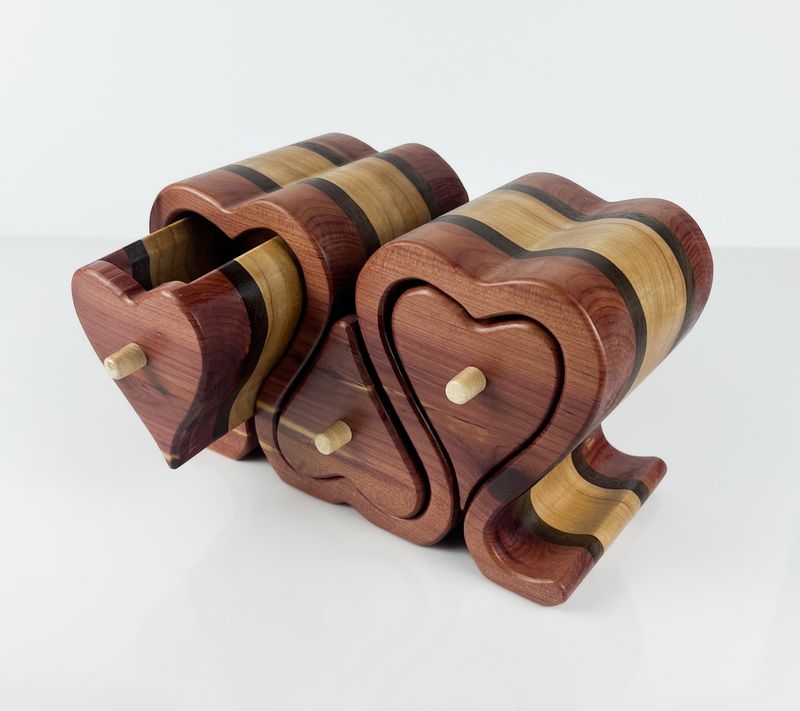 Triple Heart Bandsaw Box- Walnut, Cedar and Birch 5x4x9"