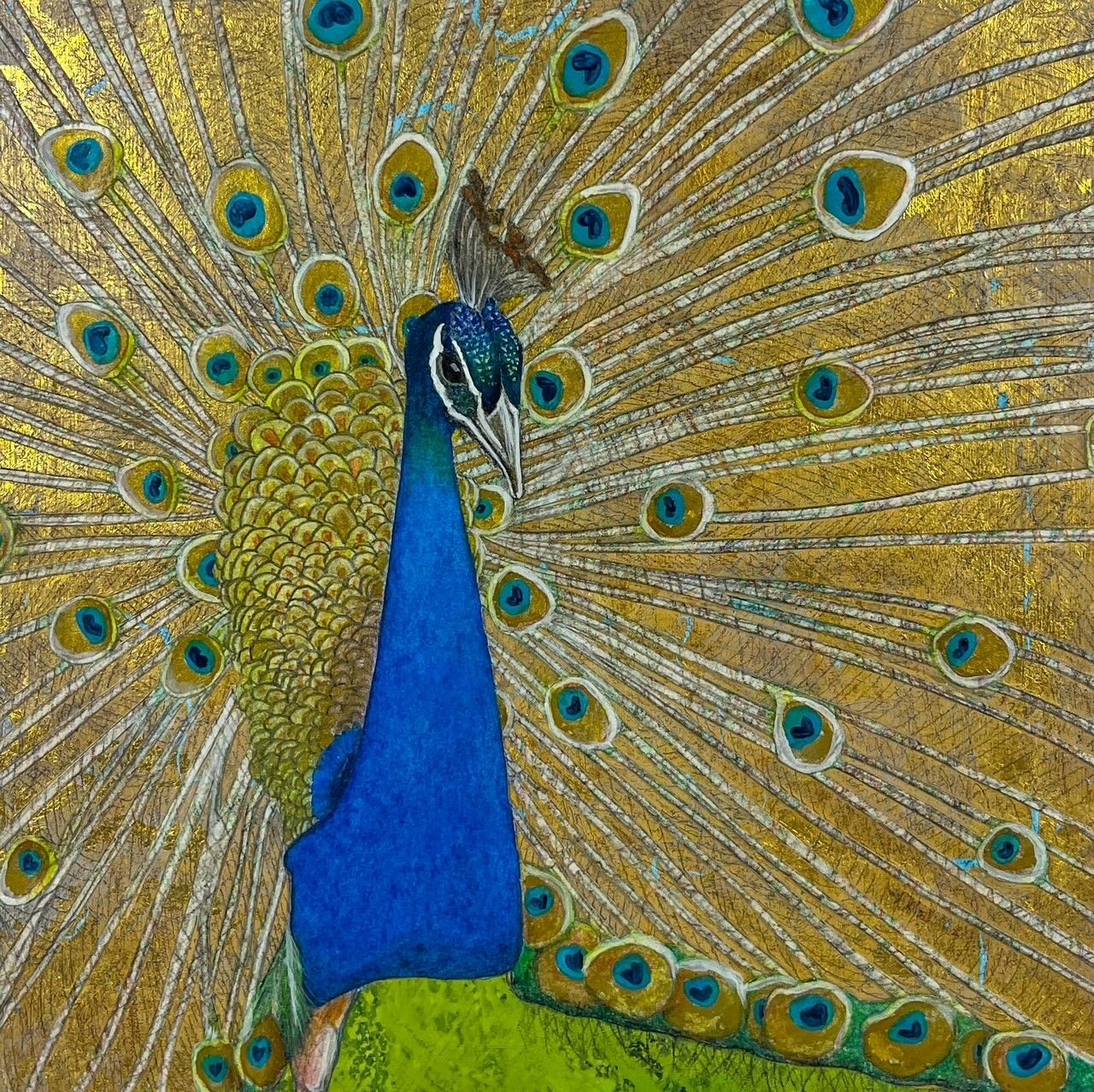 "Peacock, (Close up) III" 12x12" Mixed Media on Wood Canvas