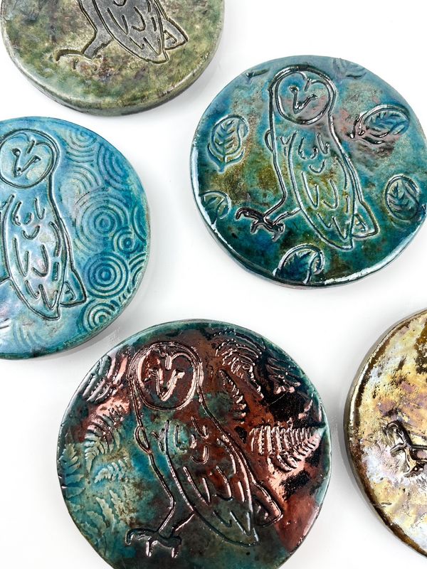 Owl, Coaster, New Brunswick, Raku Pottery, Fish by Fire, Local art, Canadian Made, Animal art 