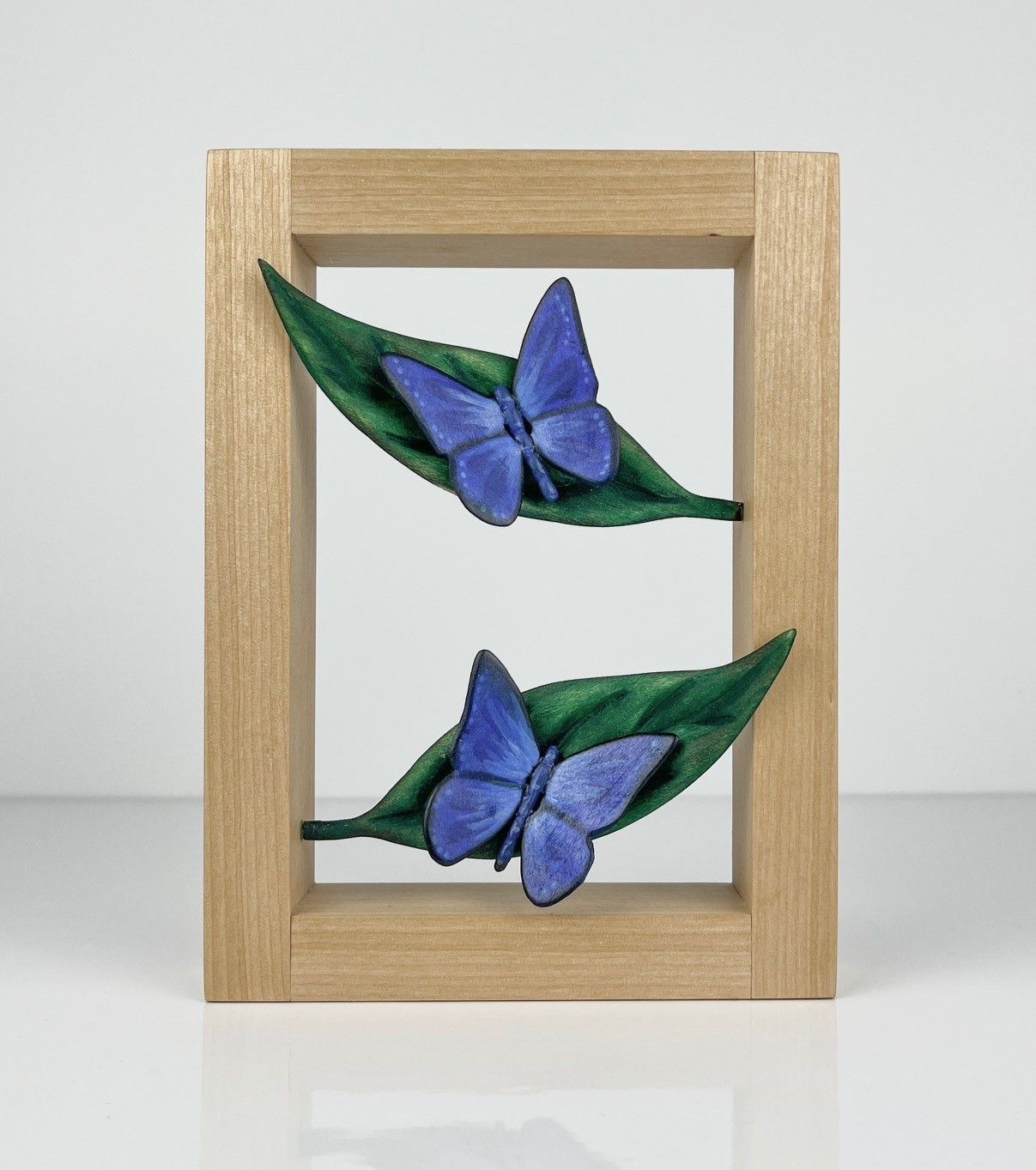 Blue Butterfly Bass Wood Sculpture in Maple Frame 5.5x7.25"