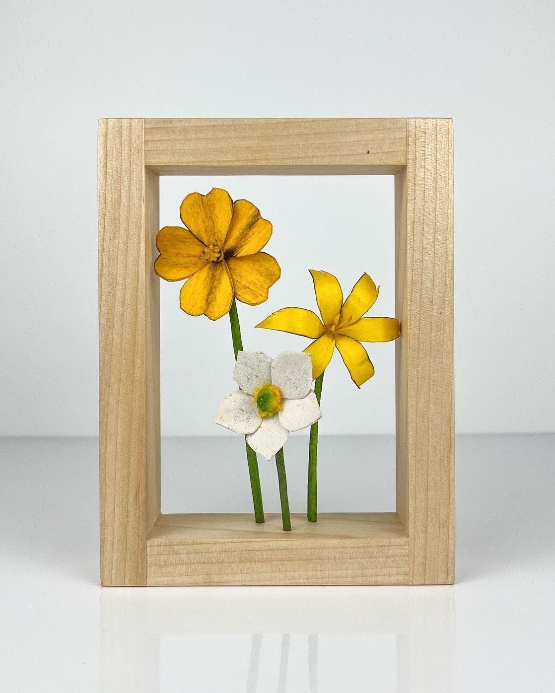 Wildflower Collection: Strawberry Lilies Flower Wood Sculpture in Maple Frame 5.5x7.25"