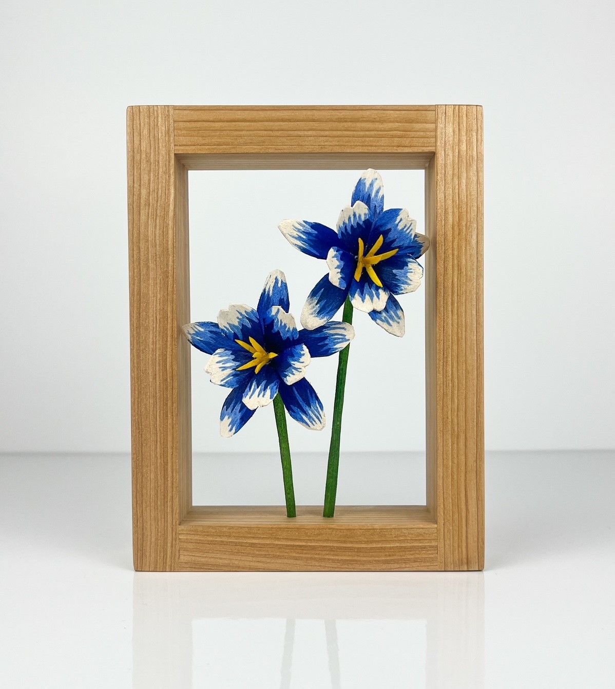 Wildflower Collection: Columbine Blue Flower Wood Sculpture in Maple Frame 5.5x7.25"