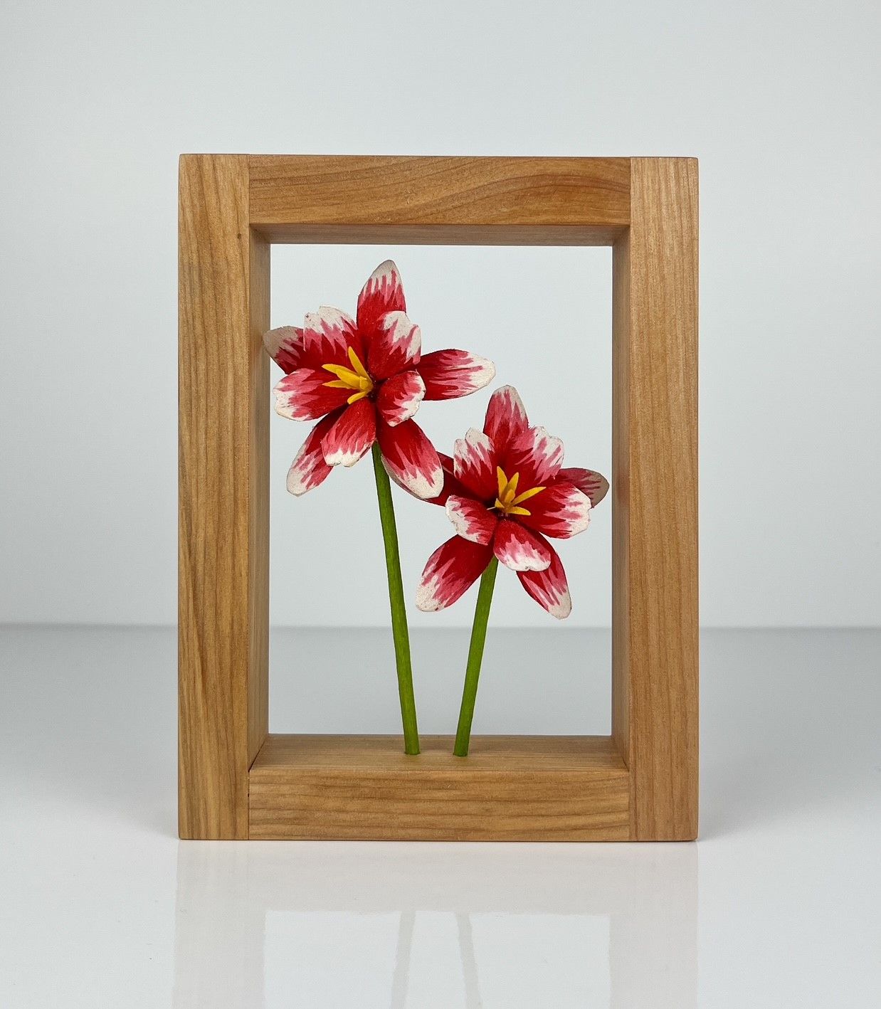 Wildflower Collection: Columbine Red Flower Wood Sculpture in Maple Frame 5.5x7.25"