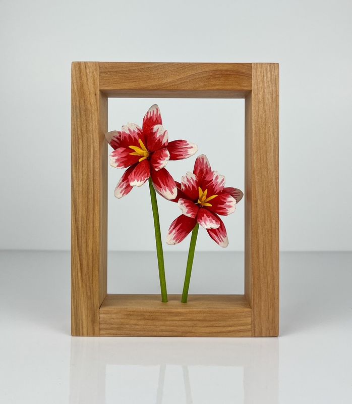 Wildflower Collection: Columbine Red Flower Wood Sculpture in Maple Frame 5.5x7.25"