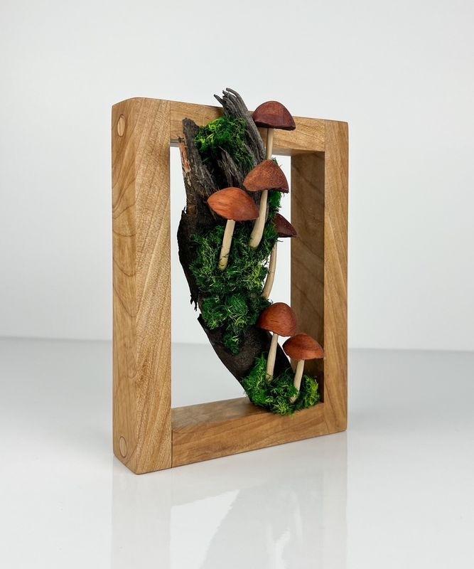 Moss Mushroom Cluster Wood Sculpture Framed 5.5x7.25"