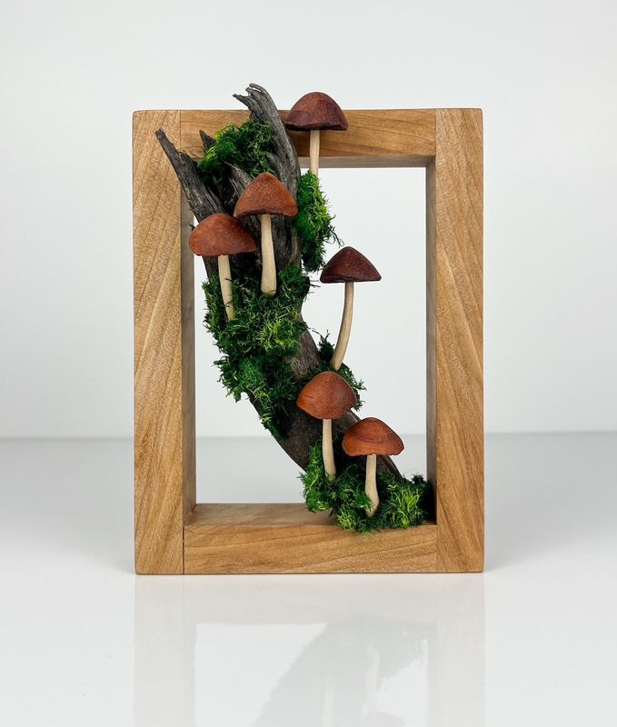 Moss Mushroom Cluster Wood Sculpture Framed 5.5x7.25"