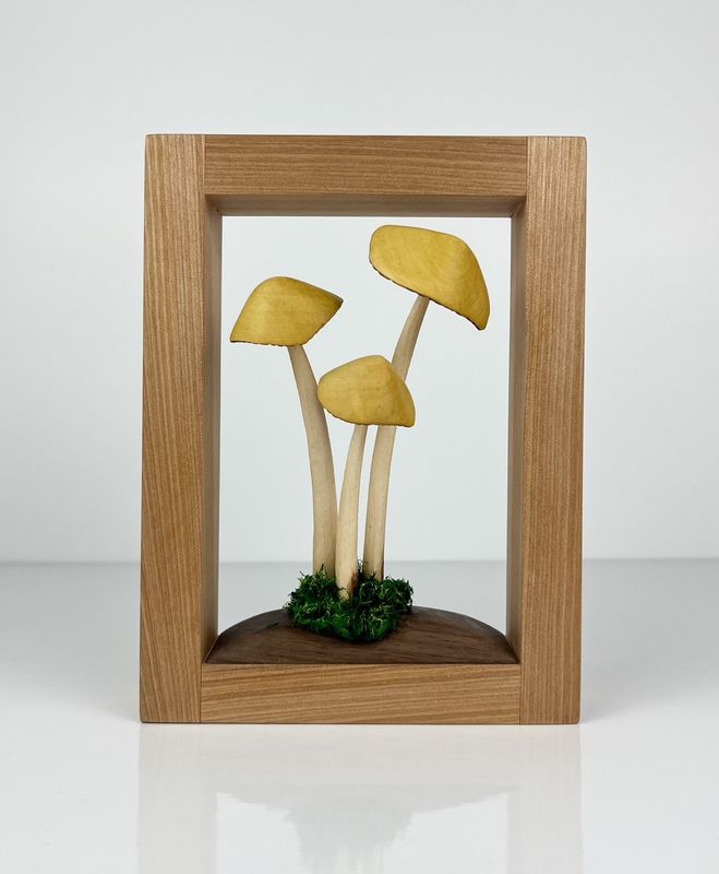 Triple Mushroom Cluster Wood Sculpture Framed 5.5x7.25"