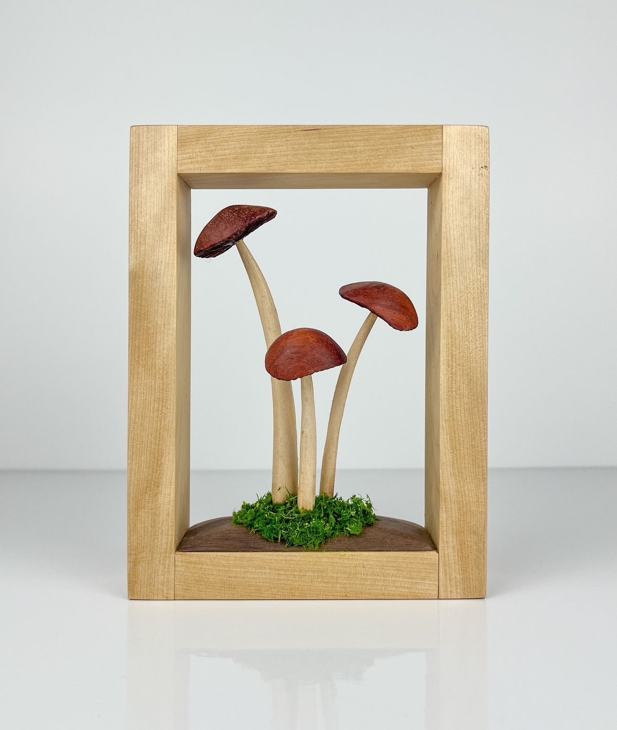 Triple Mushroom Cluster Wood Sculpture Framed 5.5x7.25"
