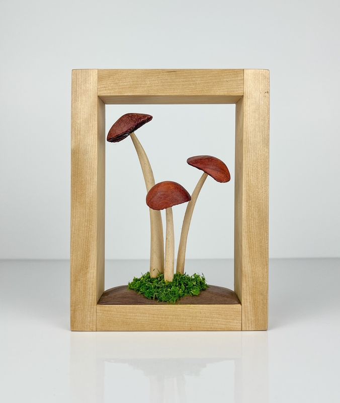 Triple Mushroom Cluster Wood Sculpture Framed 5.5x7.25"