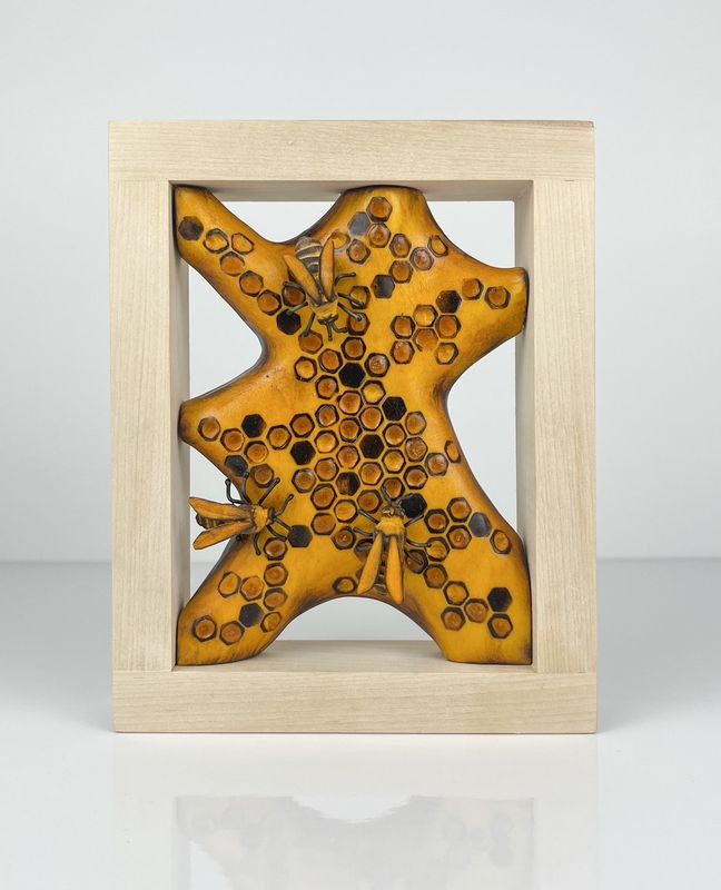 Bees on Honeycomb Wood Sculpture in Maple Frame 5.5x7.25"