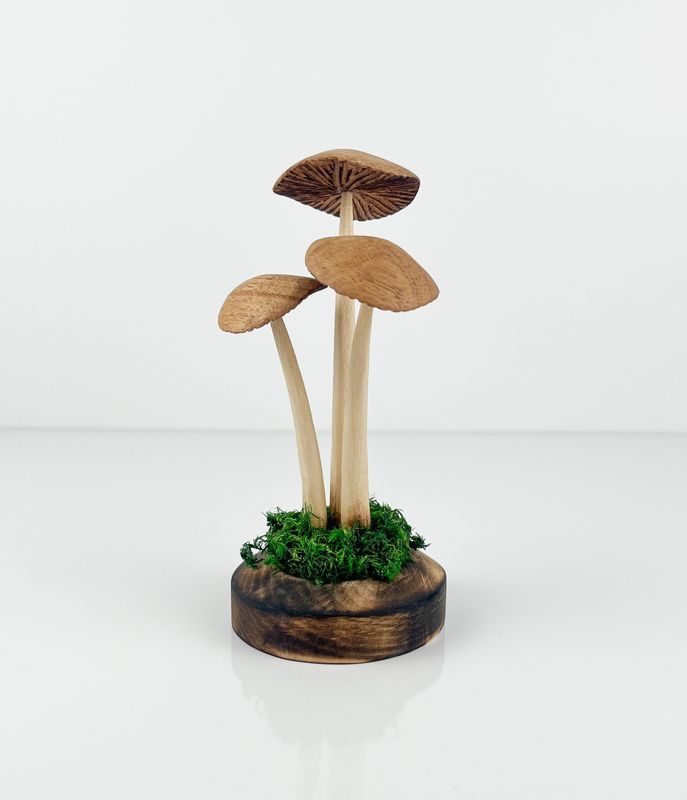 Triple Wooden Mushroom Sculpture 6.5" Tall