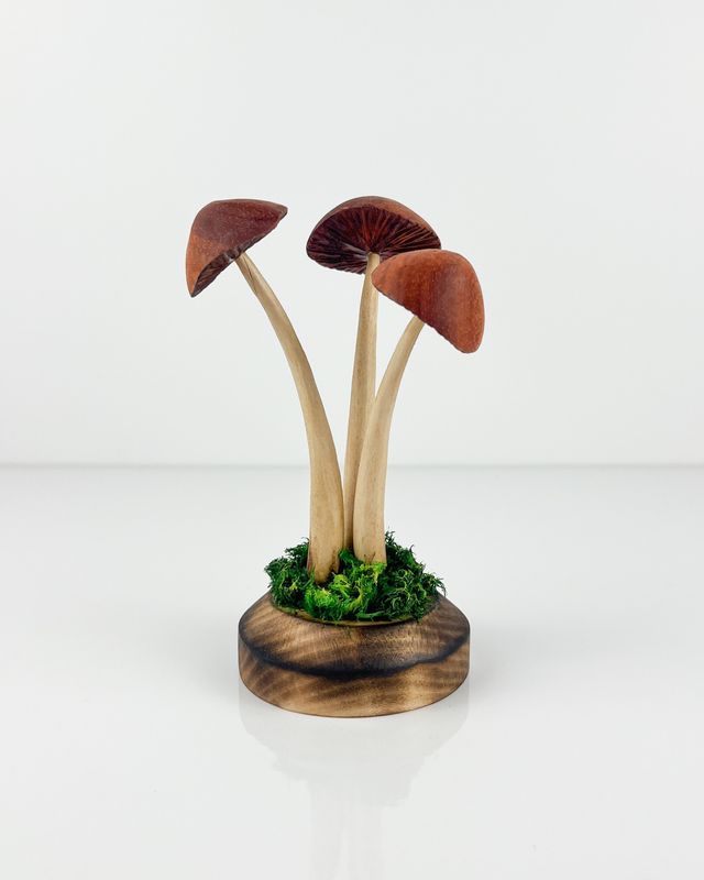 Triple Wooden Mushroom Sculpture 6.5" Tall