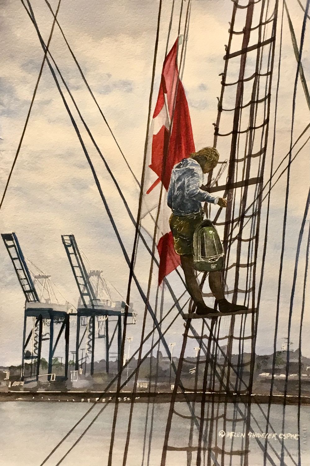 Helen Shideler Artist Painter Handworks Gallery Saint John New Brunswick NB Acrylic Painting Ship Boat Rigging Port Worker