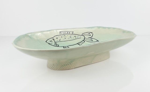 Hand Drawn Fish Pottery Pedestal Bowl Medium Size  Turquoise Glaze by Canadian Artist Monique Bujold Brown 