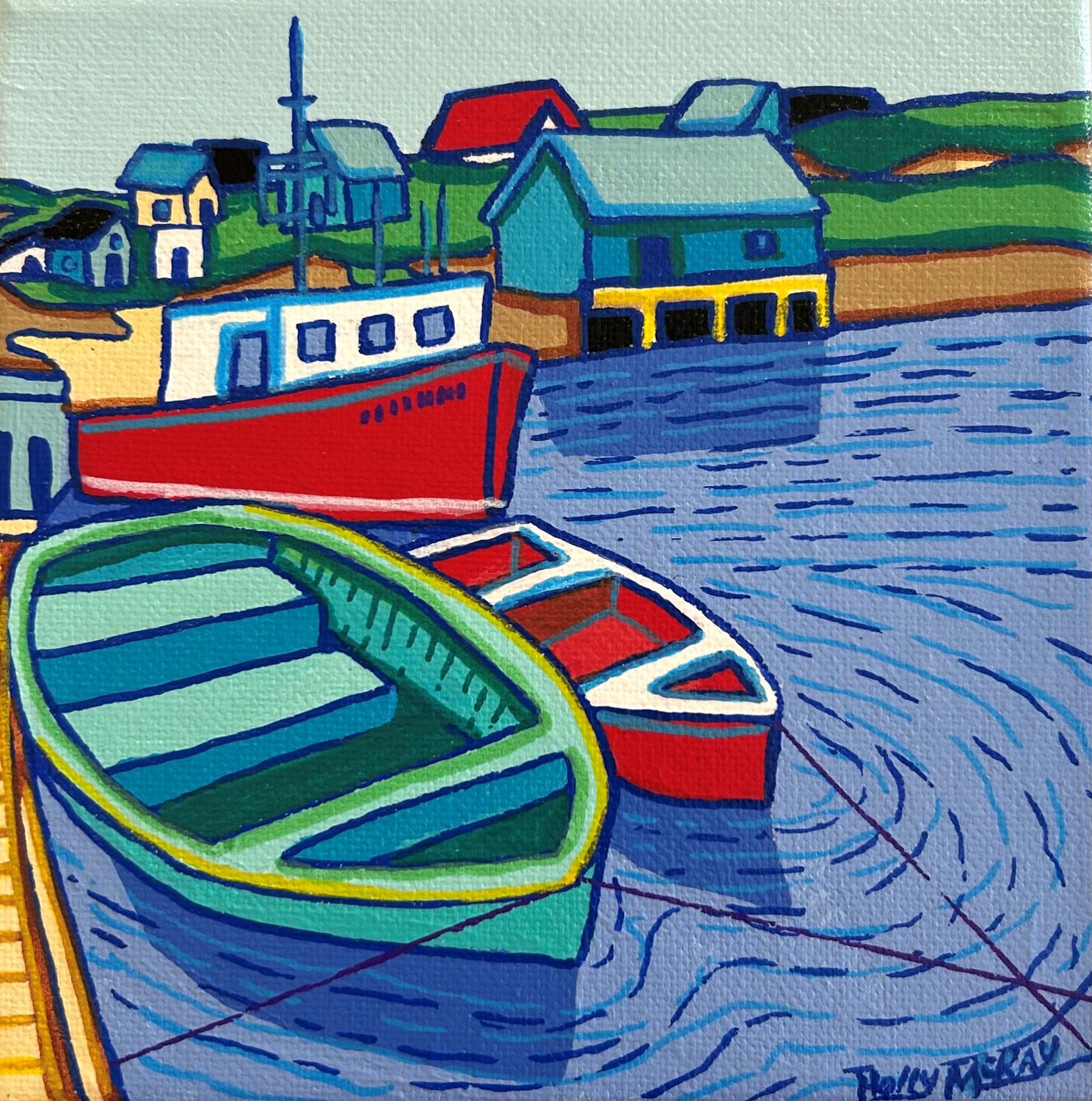 Red Row Boat in New Brunswick Canada Seascape Fishing Boat with Fishing Shacks
