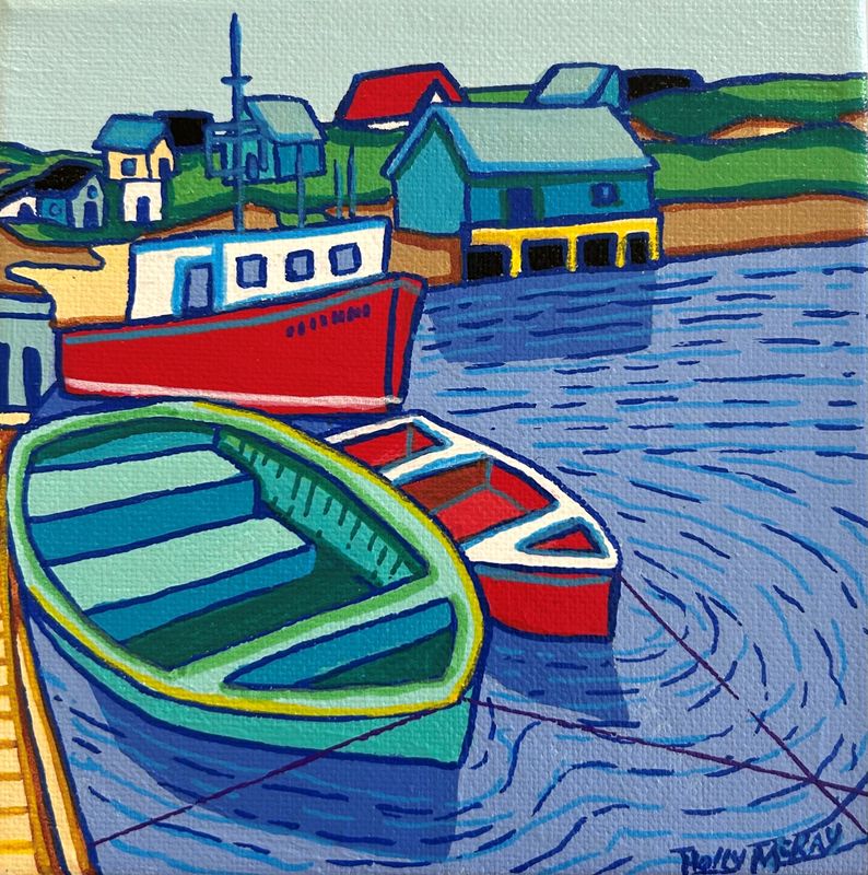 Red Row Boat in New Brunswick Canada Seascape Fishing Boat with Fishing Shacks