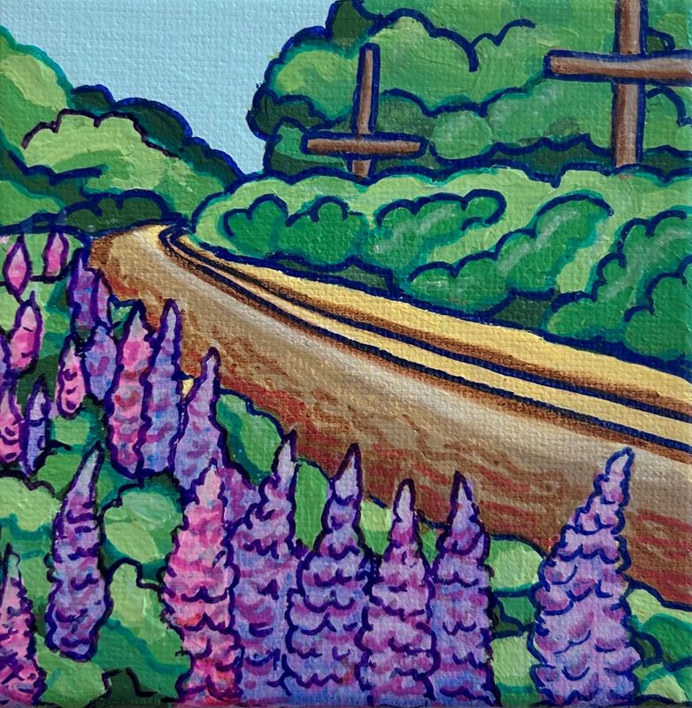 Mini Painting of New Brunswick Landscape Purple Lupines Canada NB Flower 