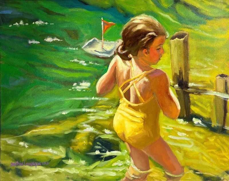 Sophie Levesque Artist Painter Handworks Gallery Saint John New Brunswick Oil Painting Paper Boat Yellow Girl Beach Swimming