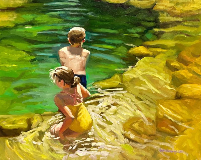 Sophie Levesque Artist Painter Handworks Gallery Saint John New Brunswick NB Oil Painting Boy Yellow Girl Beach Lake Swimming