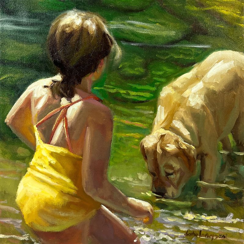 Sophie Levesque Artist Painter Handworks Gallery Saint John New Brunswick NB Oil Painting Dog Yellow Girl Beach Lake Swimming