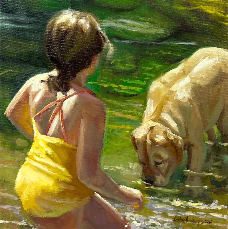 "Dog at the Pond" 12x12" Oil on Canvas