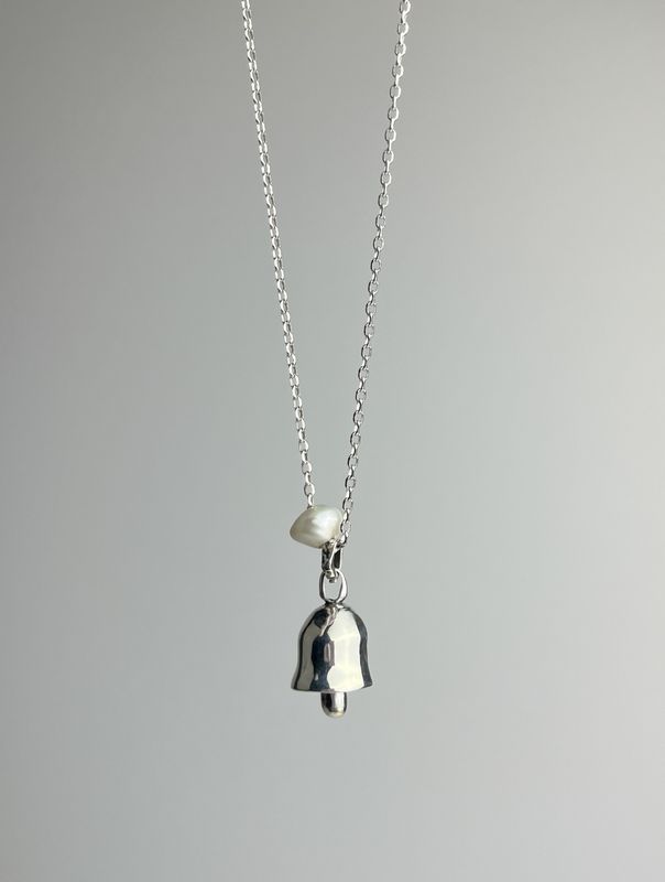 Threshold Collection: Small Protection Bell Necklace with Pearl 17.5" on Handmade Sterling Silver Chain