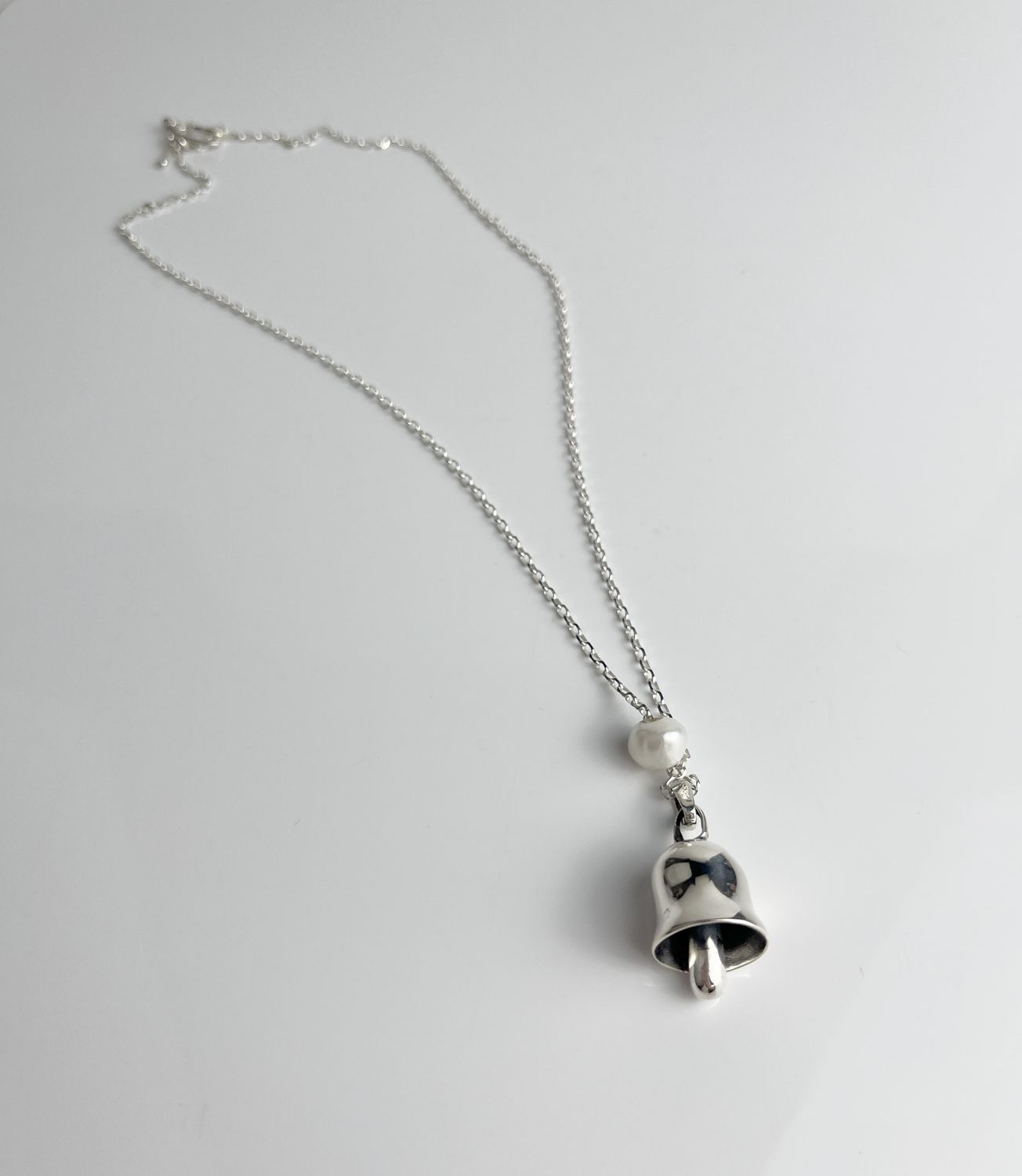 Threshold Collection: Small Protection Bell Necklace with Pearl 17.5" on Handmade Sterling Silver Chain