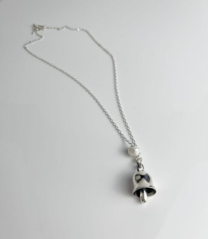 Threshold Collection: Small Protection Bell Necklace with Pearl 17.5" on Handmade Sterling Silver Chain