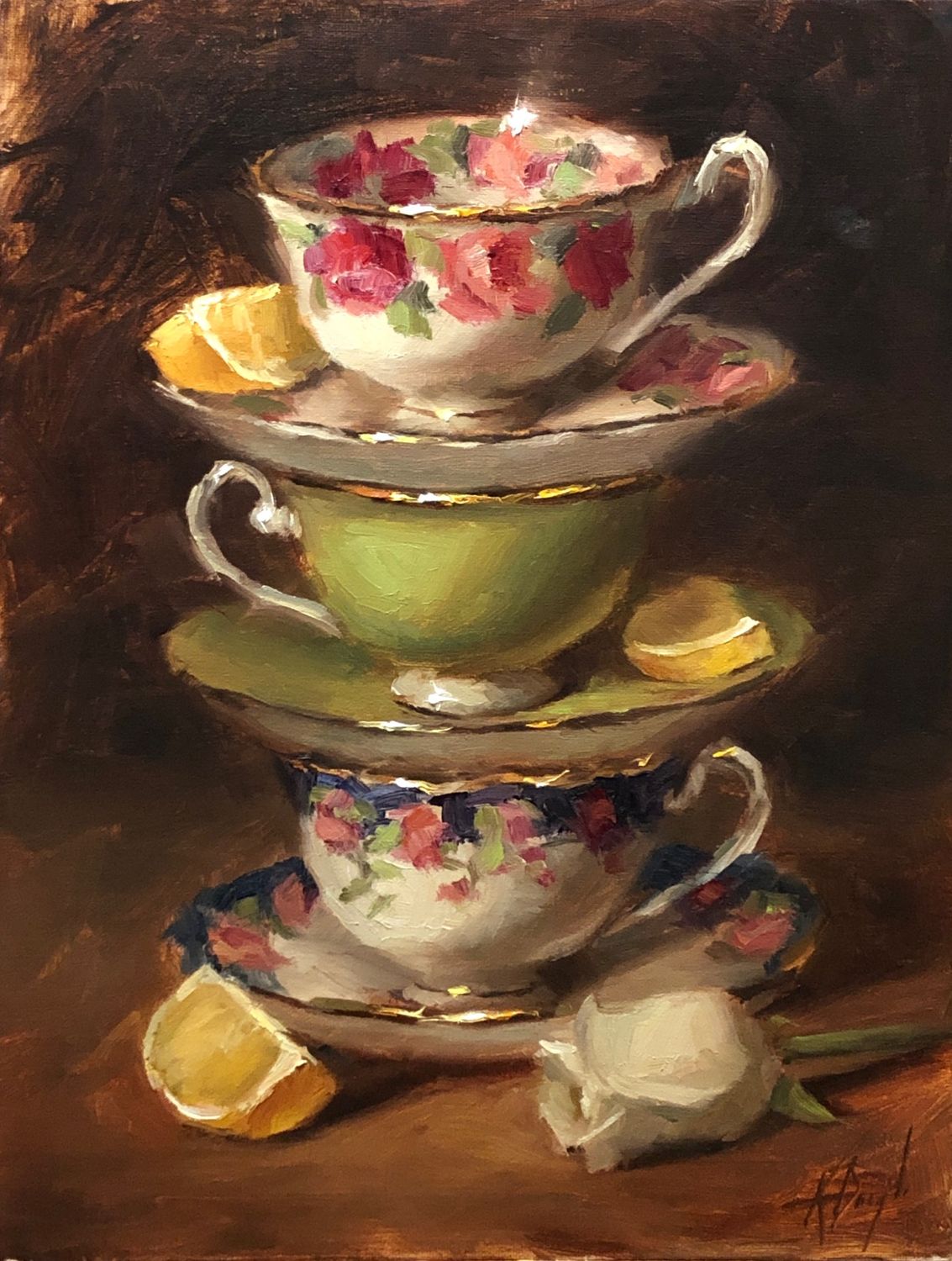 "Stacked Tea and Lemons" 9x12" Oil On Canvas Framed 10x13"