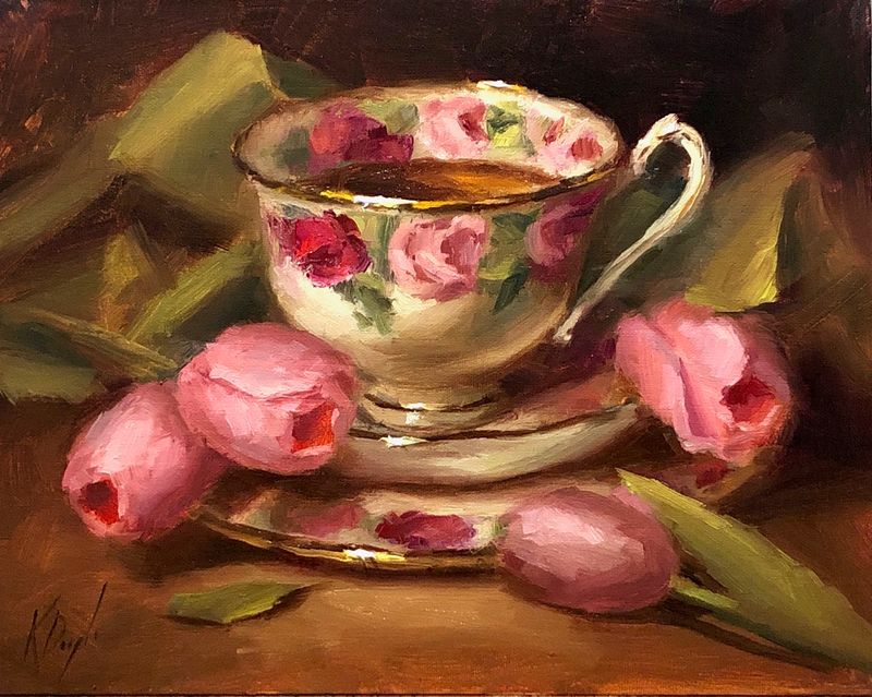 Pink Floral Teacup with Pink Tulips Elegant 