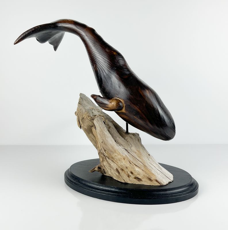Whale Sculpture on Driftwood and base 14x12x12"