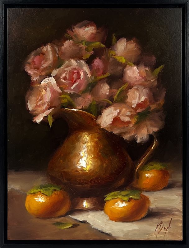 "Pink Roses in Brass with Persimmons" 9x12" Framed 10x13" Oil on Linen