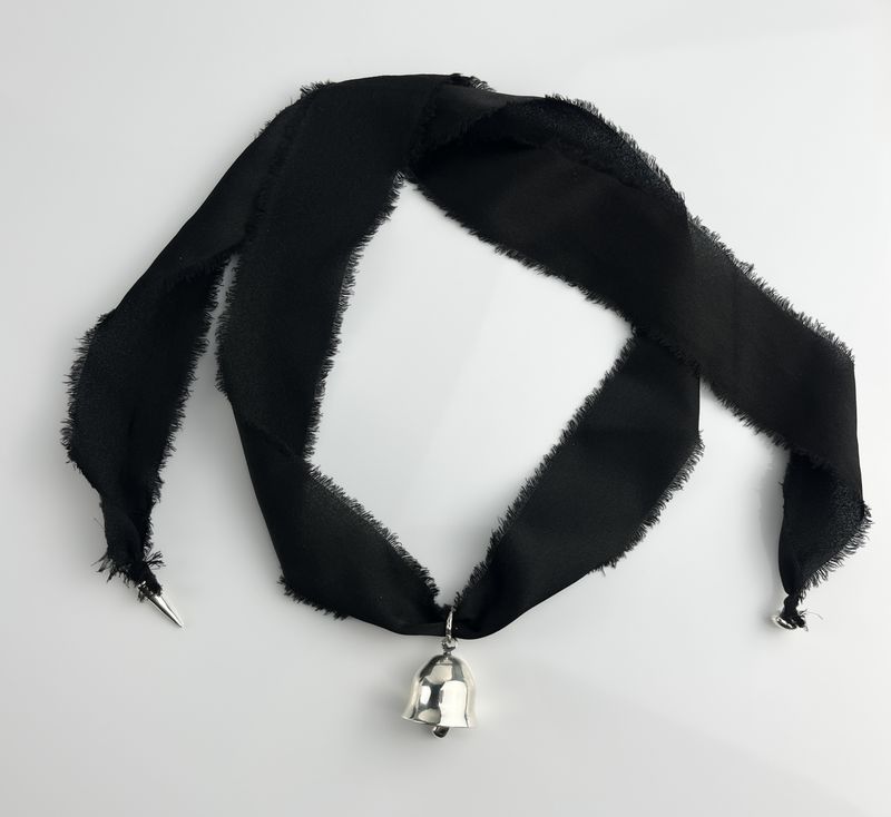 Threshold Collection: Living Talisman Bell Necklace in Silk Ribbon with Silver Tips