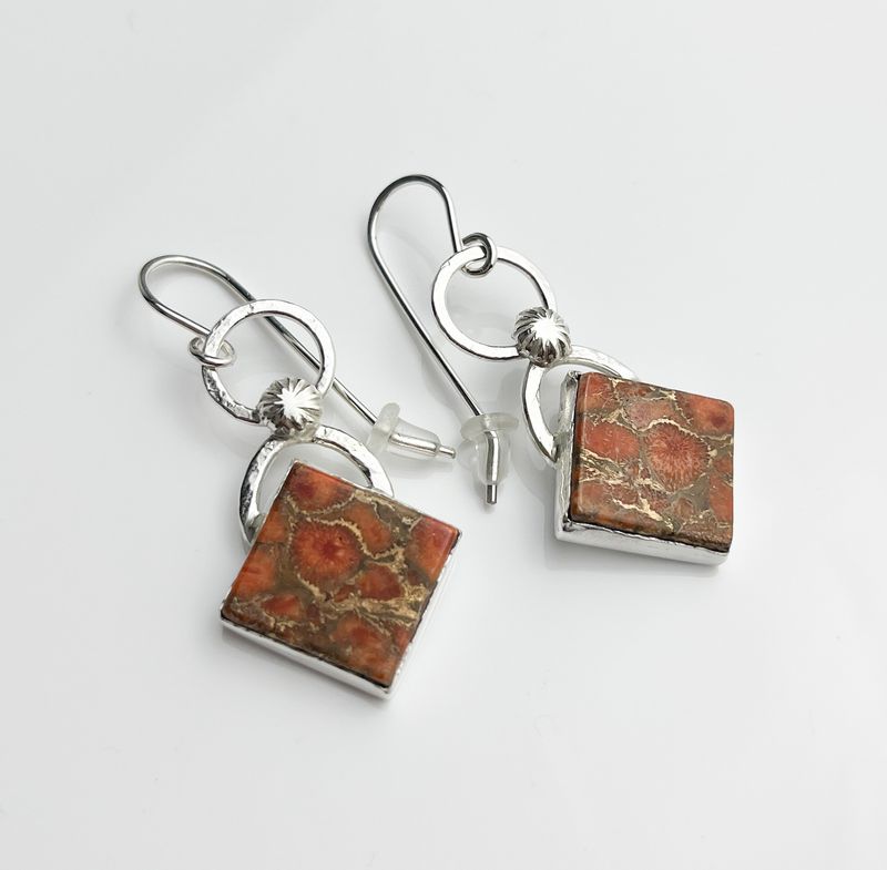 Round Top Apple Coral Earring, Sterling Silver