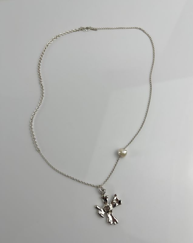 Threshold Collection: A Small Crossing Necklace with Rose Quartz &amp; Pearl 18"