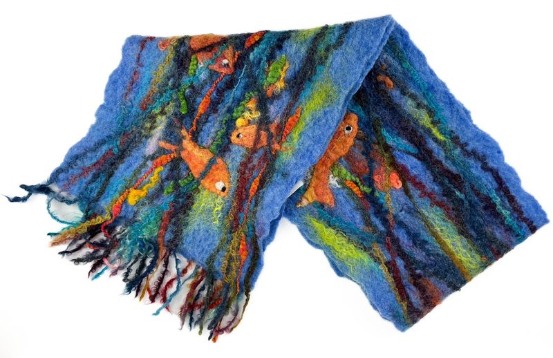 Wetfelted Wool, Silk & Mohair 58x9" Scarf Textile - Fish Design