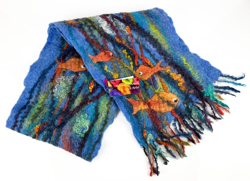 Multi-colour Hand Dyed, Wet Felted Textile scarf by PEI artist Helen Rawlins with Orange Goldfish 