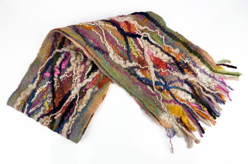 Multi-colour Hand Dyed, Wet Felted Textile scarf by PEI artist Helen Rawlins 