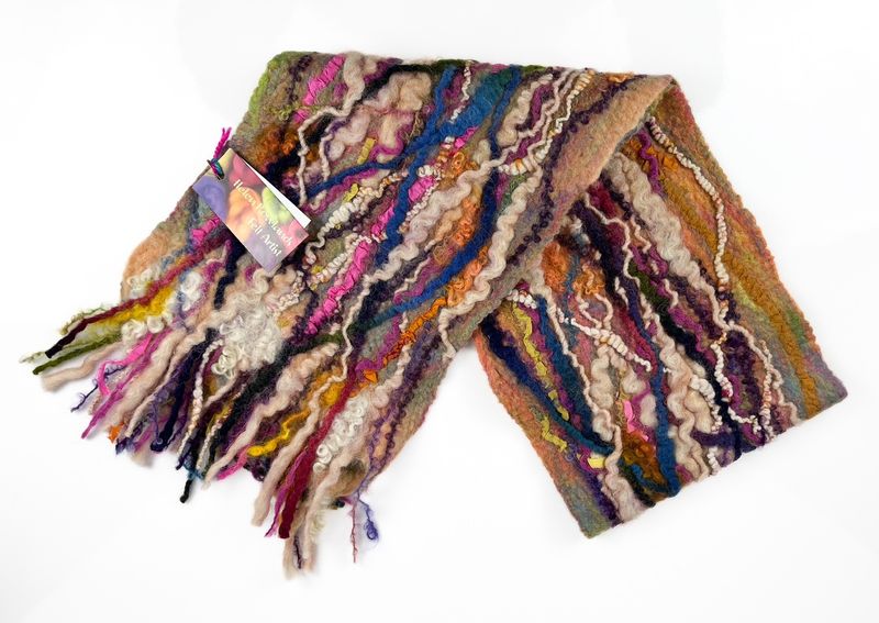 Wetfelted Wool, Silk, Mohair Alpaca & Sari Silk Ribbon 58x9" Scarf Textile
