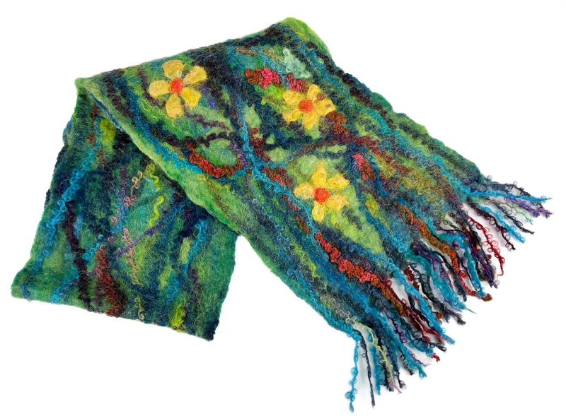 Multi-colour Hand Dyed, Wet Felted Textile scarf by PEI artist Helen Rawlins With Yellow and Orange Flowers 