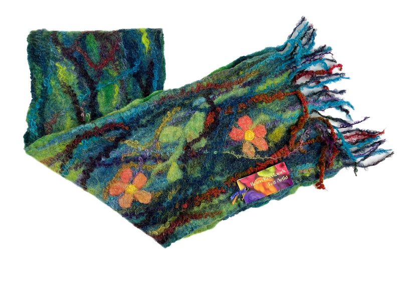 Wetfelted Wool, Silk, Mohair, Alpaca, 58x9" Scarf Textille - Flower Design