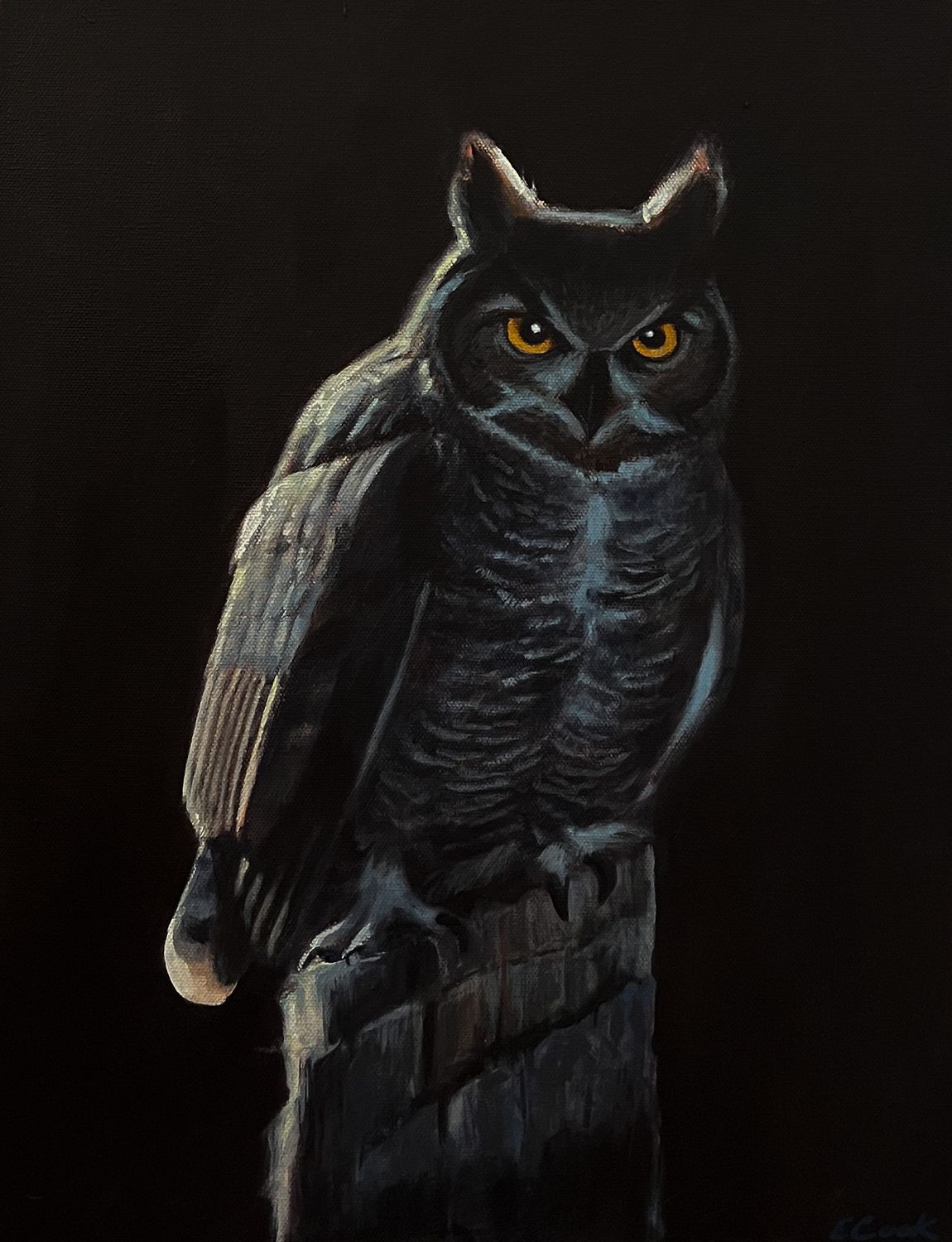 Great Horned Owl with bright yellow Eyes. Original Painting by Saint John Artist Elizabeth Cook 