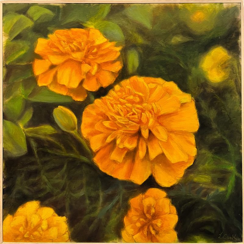 Original Painting by Saint John Artist, Elizabeth Cook. Bright Yellow Flowers in a greenery Garden setting.
