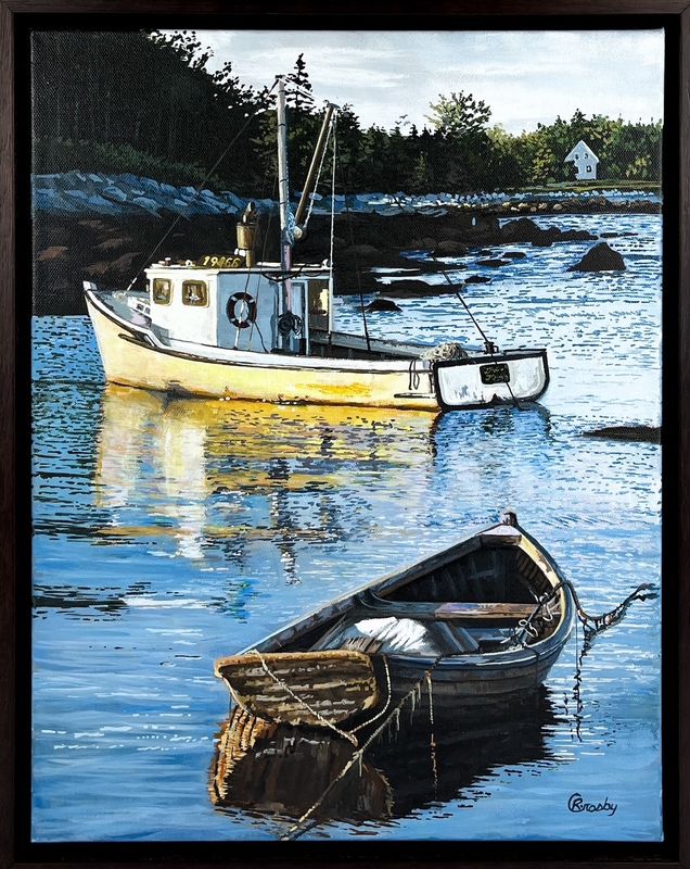 Framed Acrylic Original Seascape of two boats by Artist Robert Crosby from Ontario Canada 
