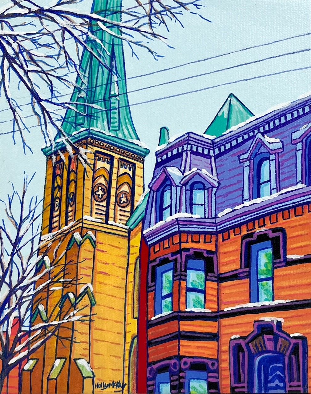 Snowy Vibrant Cityscape Original Painting on Saint John New Brunswick Historic Street, Germain. Painted by Holly Mckay 