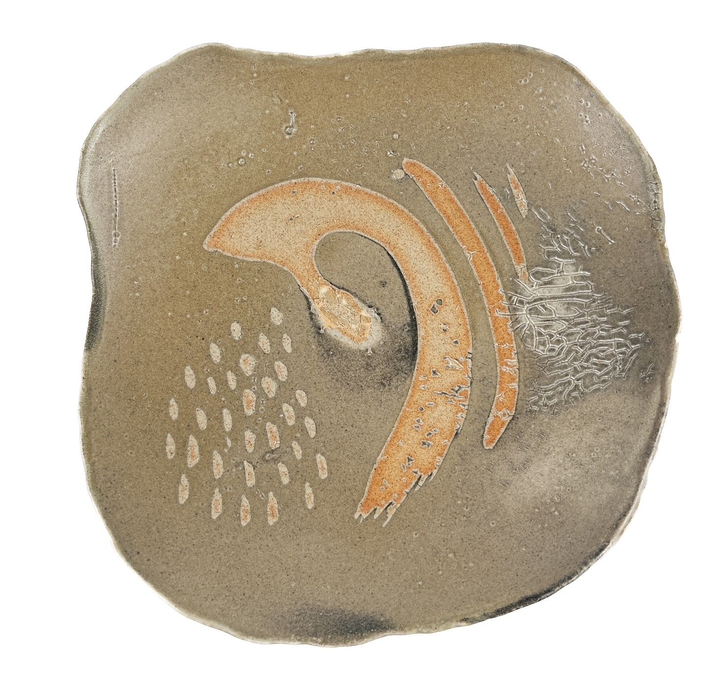 Large Pottery Platter Beige with Orange Swirls and Dots By Sussex New Brunswick Potter, Matt Cripps. 