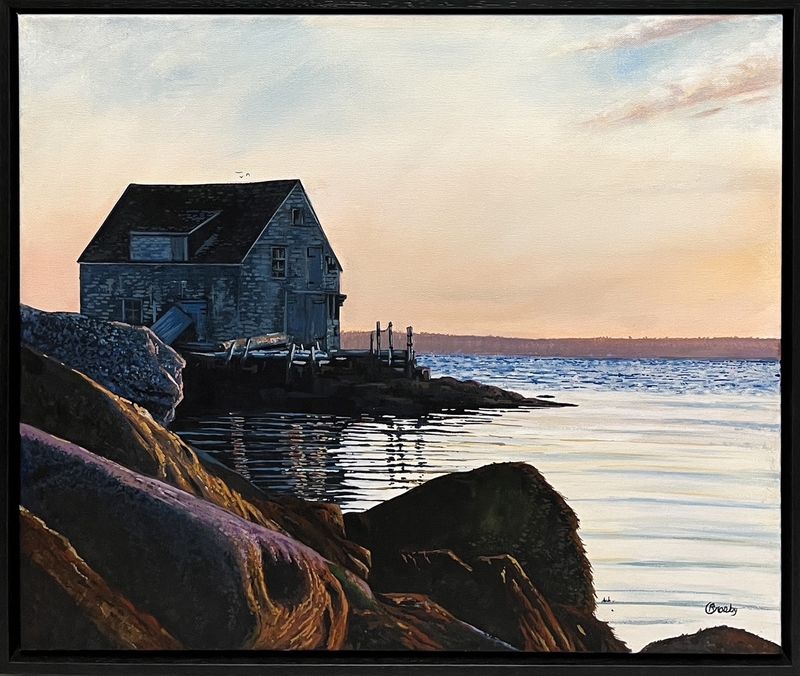 Sunset Original Acrylic Painting of a Fish Shack in the Bay of Fundy Canada by Artist Robert Crosby 