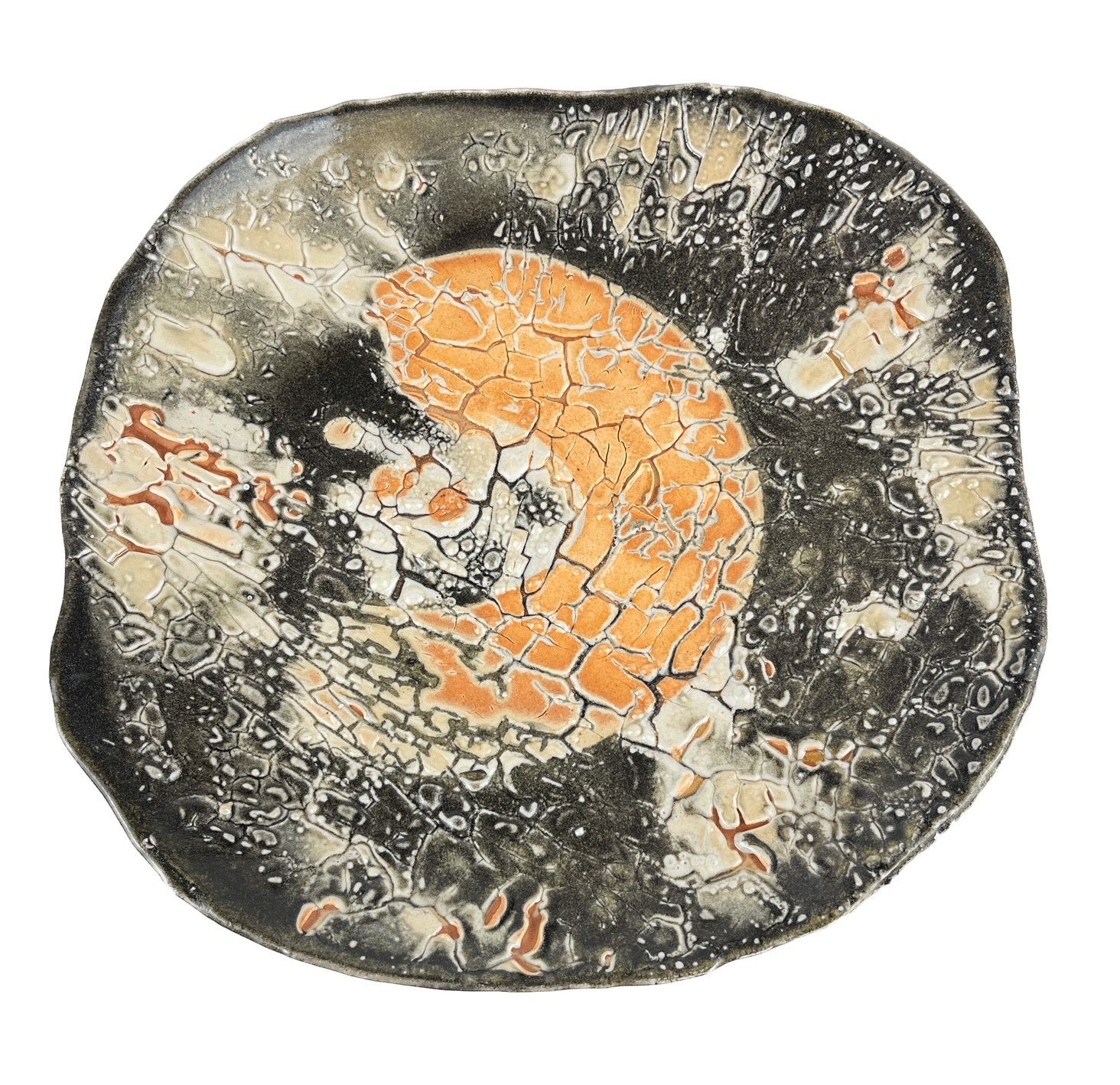 Large Pottery Platter Orange and Black Textured By Sussex New Brunswick Potter, Matt Cripps. 