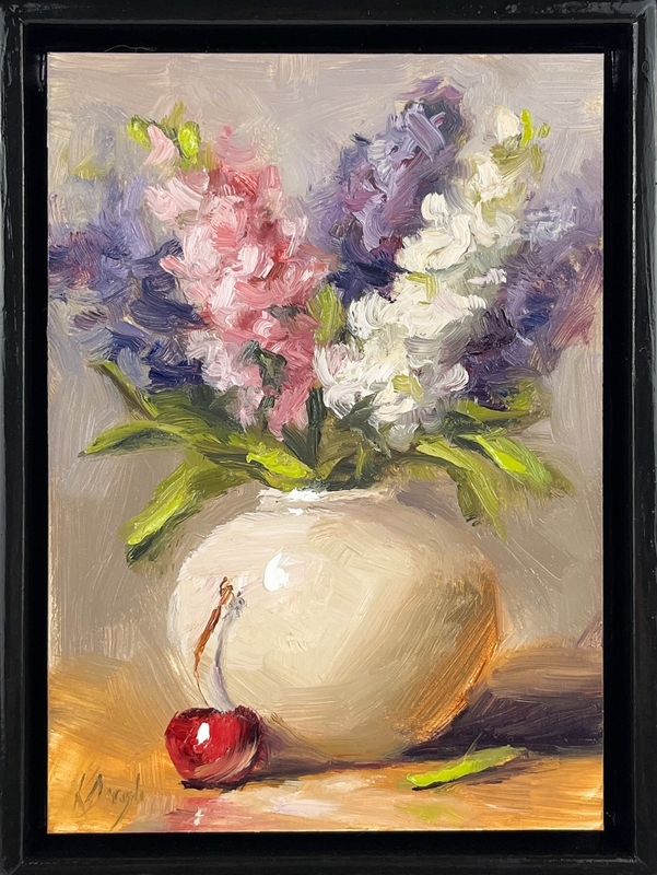 Colourful Pastel Lupins in a White Vase Original Oil Painting By Saint John Artist Karen Daigle 